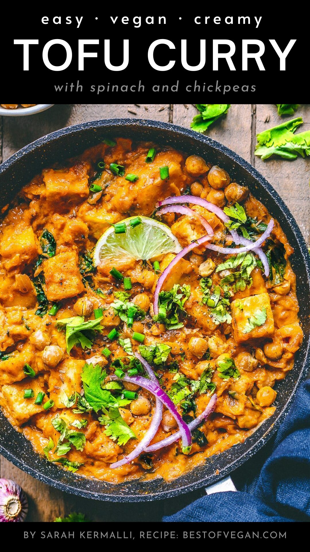 Vegan Tofu Curry with spinach and chickpeas.