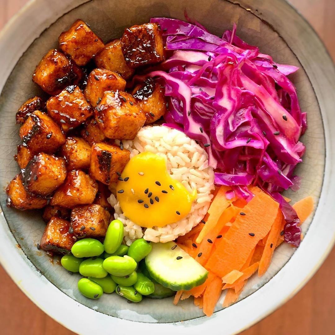 Vegan “Honey BBQ Tofu” with sesame mango dressing