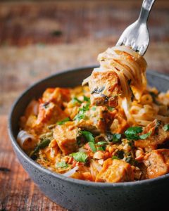 Crispy Tofu Panang Red Curry with Rice Noodles