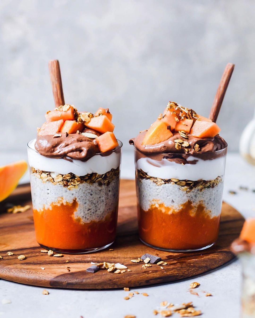 Papaya Chia Pudding Jars with Chocolate Nicecream and Granola