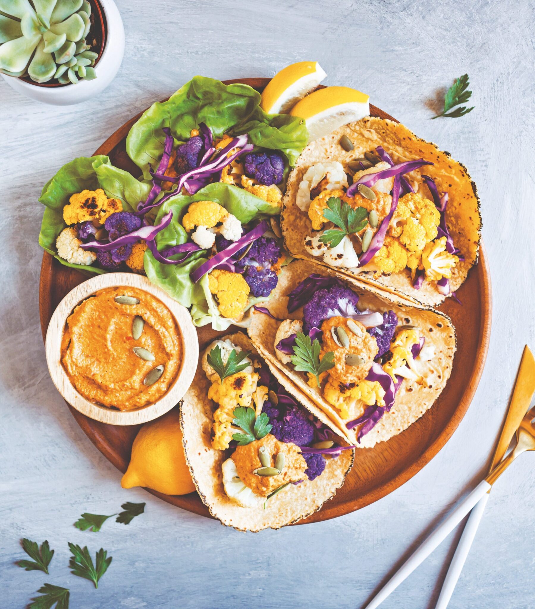 Vegan Roasted Cauliflower Romesco Tacos from Megan Sadd's 30-minute Vegan Dinners