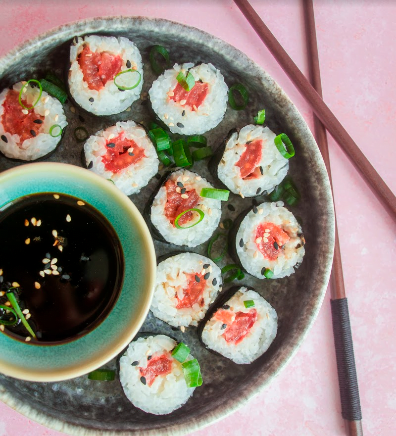 Vegan Spicy โTunaโ Maki from Kirsten Kaminski's The Traveling Vegan Cookbook