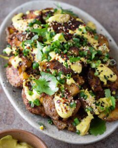 All About the Veg: Crispy Smashed New Potatoes with Curry & Tahini Dip