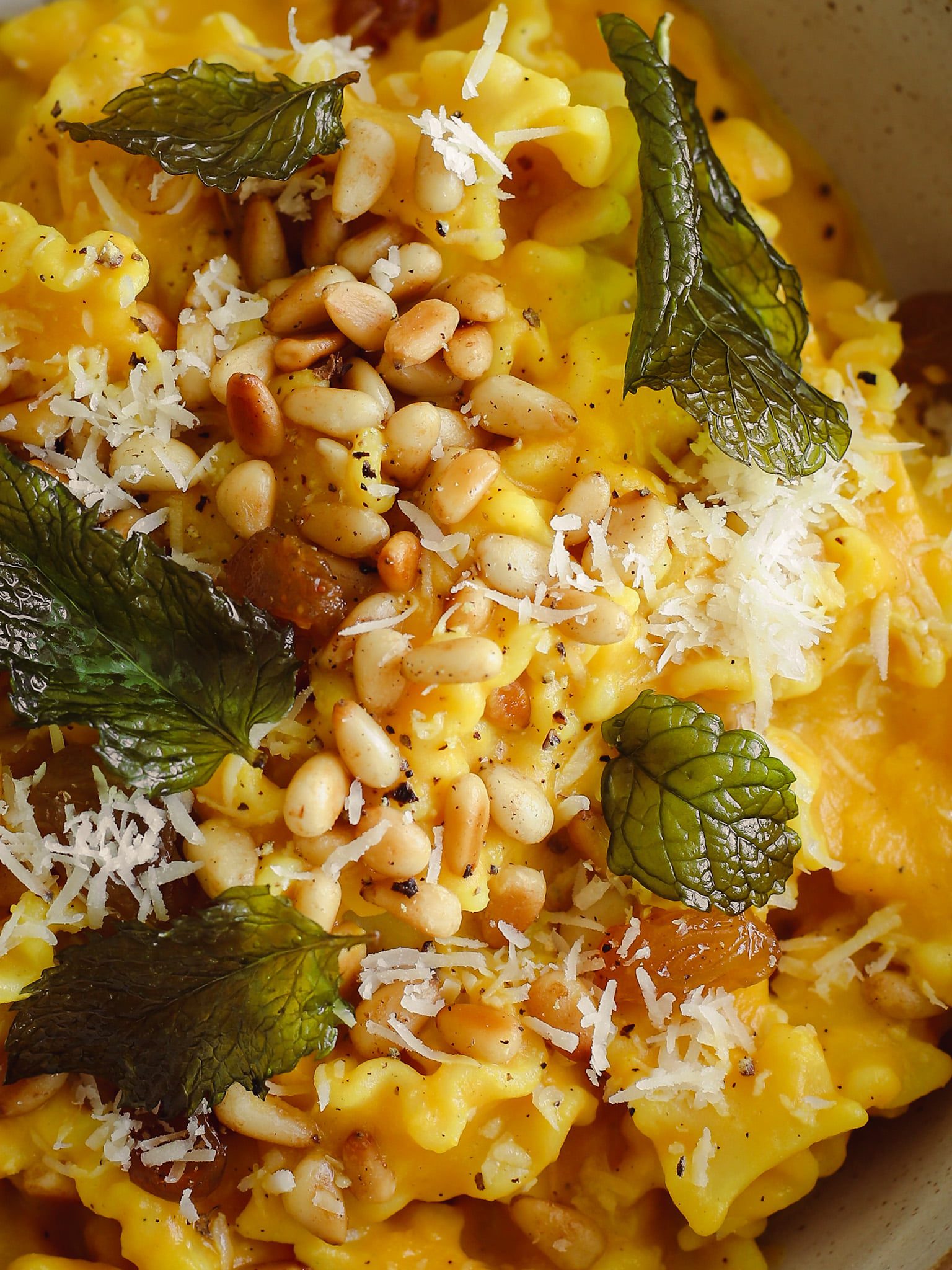 Vegan Saffron & Butternut Squash Pasta with Fried Mint & Pine Nuts