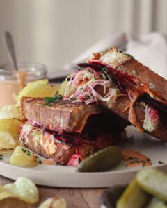 Vegan Reuben Style Sandwich with Beet Pastrami & Quick-pickled Dill Cabbage