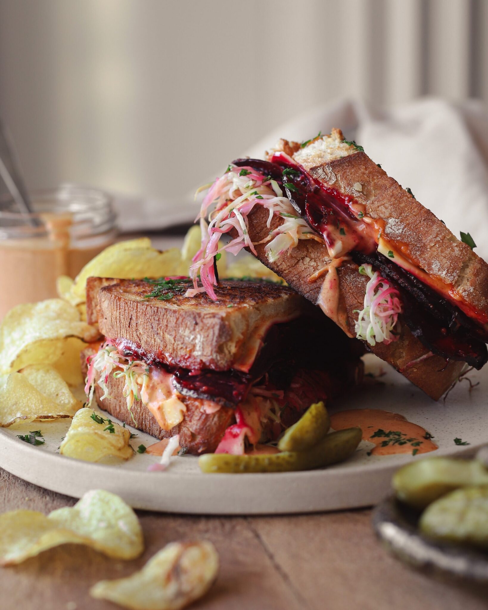 Vegan Reuben Style Sandwich with Beet Pastrami & Quick-pickled Dill Cabbage