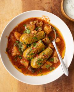 Middle Eastern Style Stuffed Zucchini in Potato & Eggplant Stew
