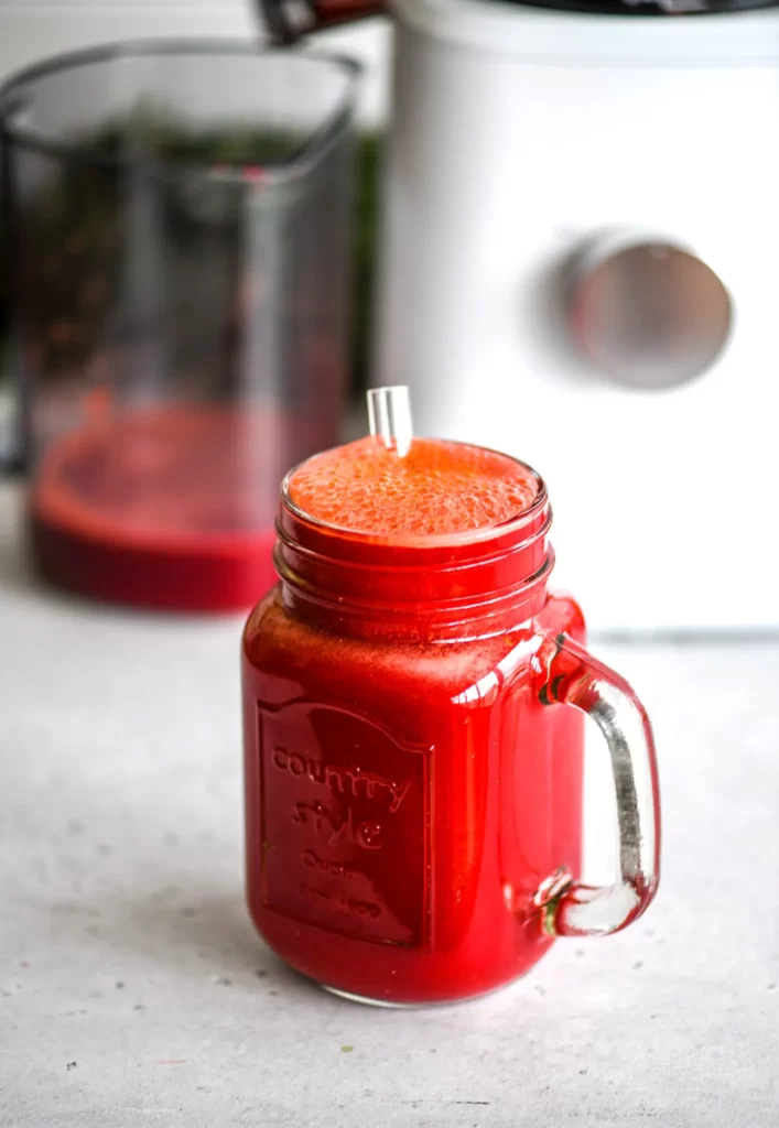 root veggie juice in a glass jar