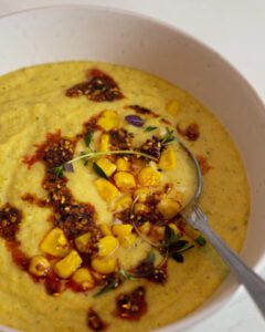 Cauliflower Corn Soup with Za’atar Chili Crisp