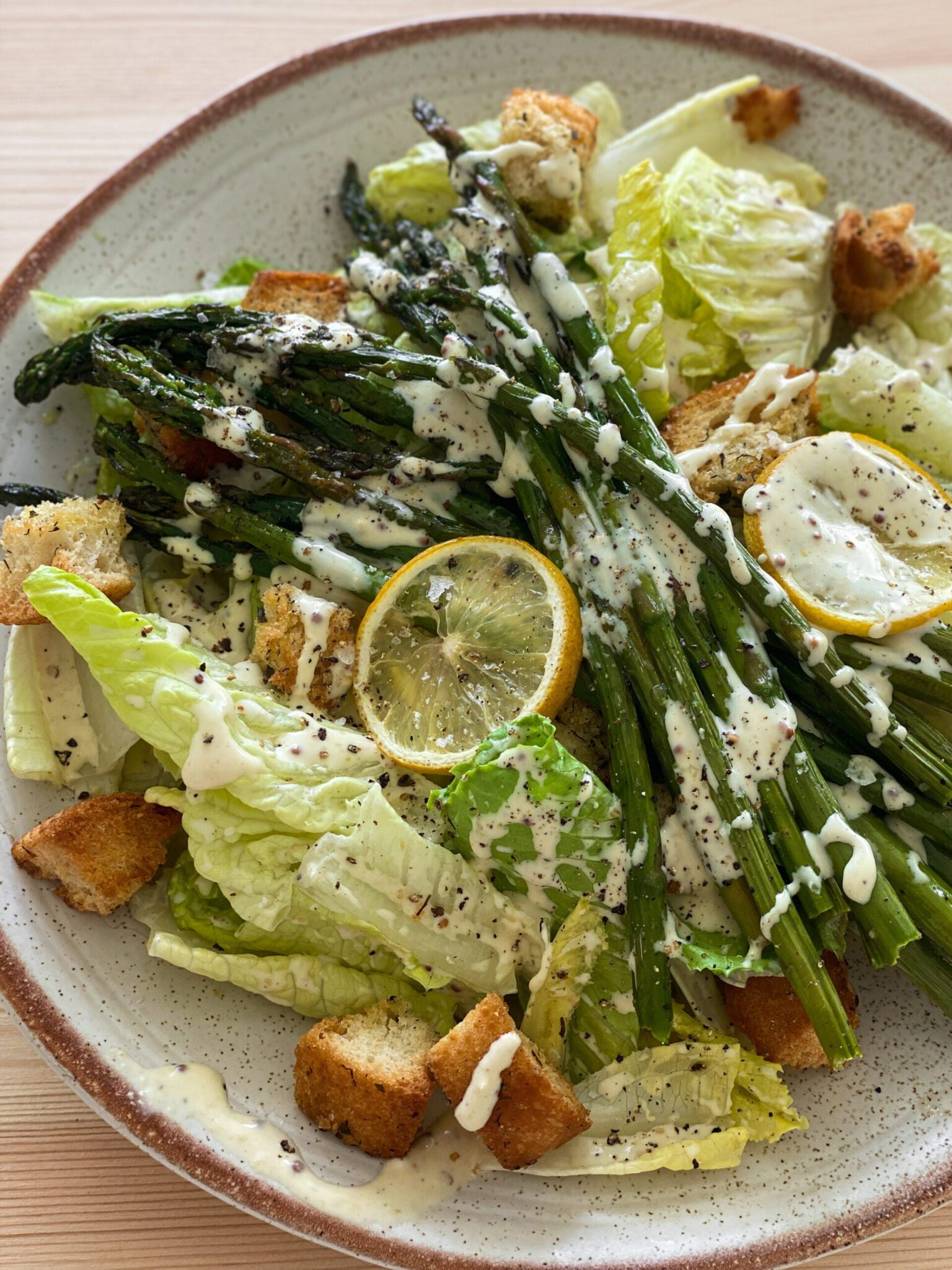 Vegan Roasted Asparagus over Caesar Salad