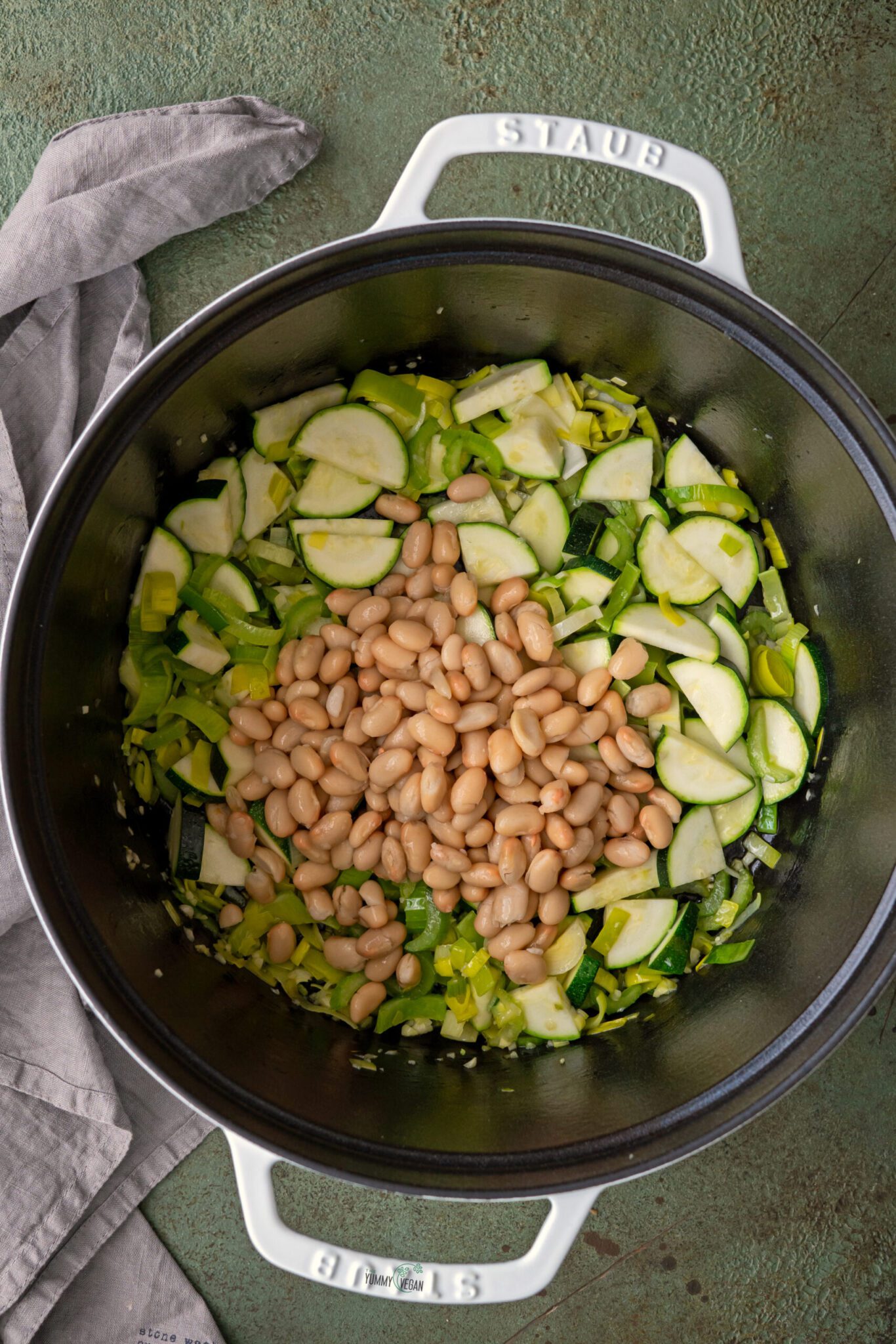 veggies and white beans in a pot
