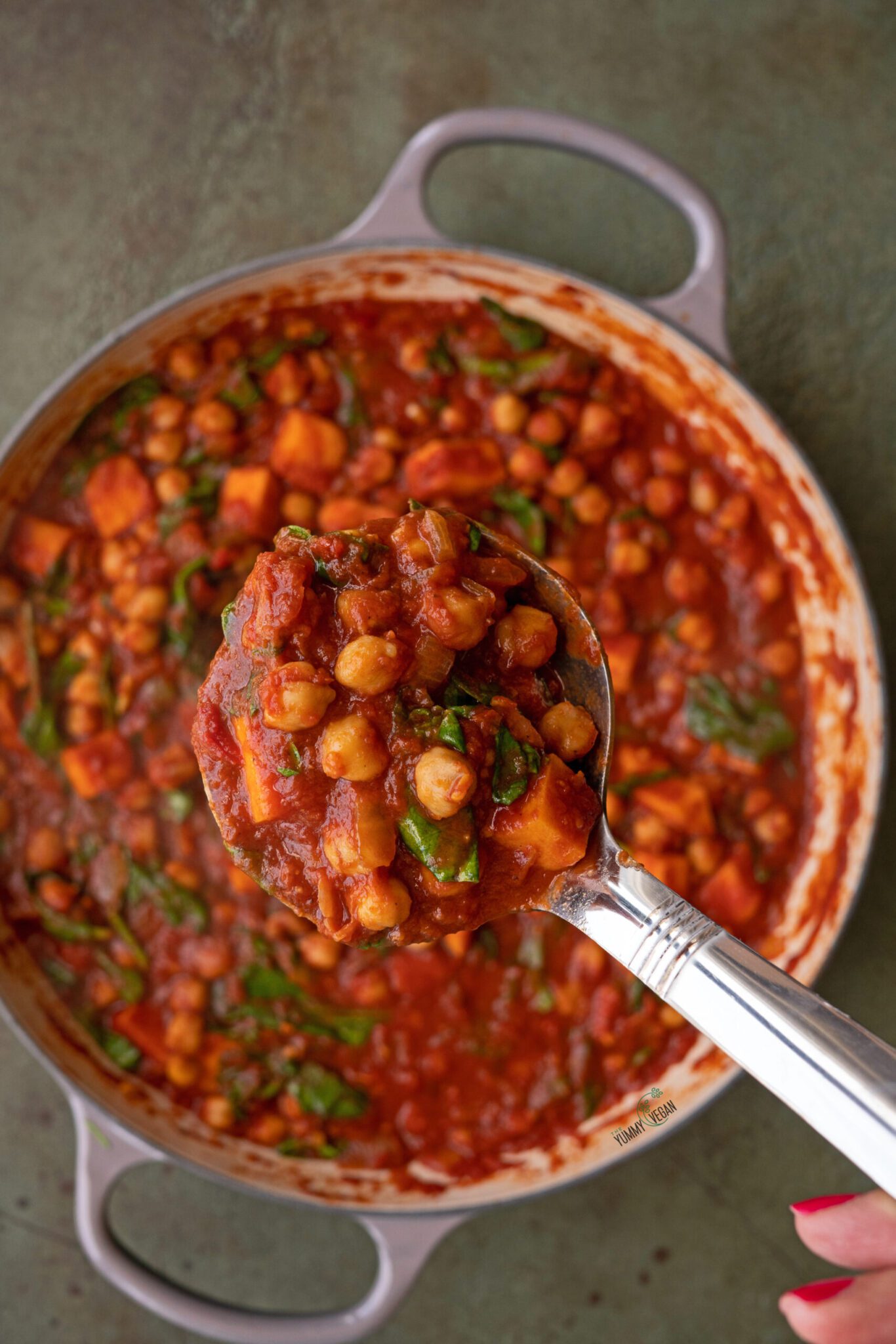 Moroccan Style Chickpea Stew in a pot with a ladle taking some of it out