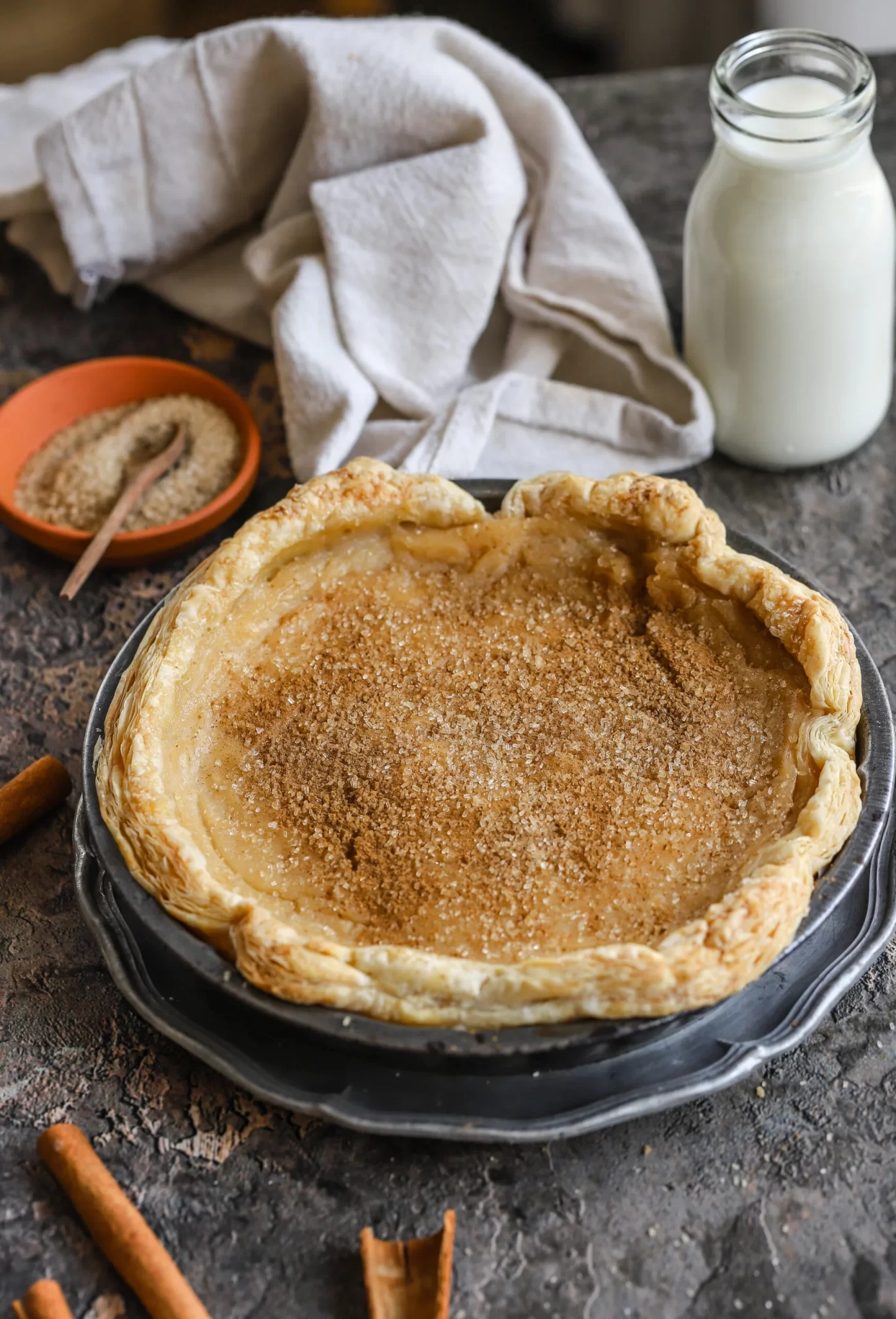 Vegan Puff Pastry Milk Tart and a glass bottle of vegan milk