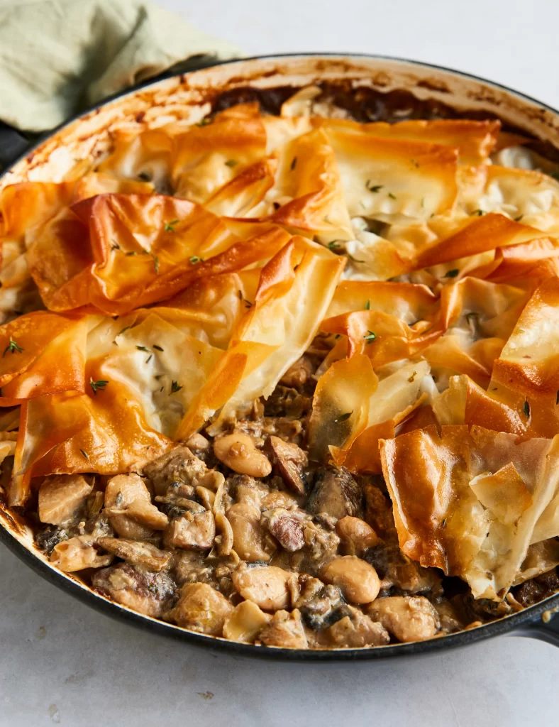 Mushroom and butter bean pie with filo dough