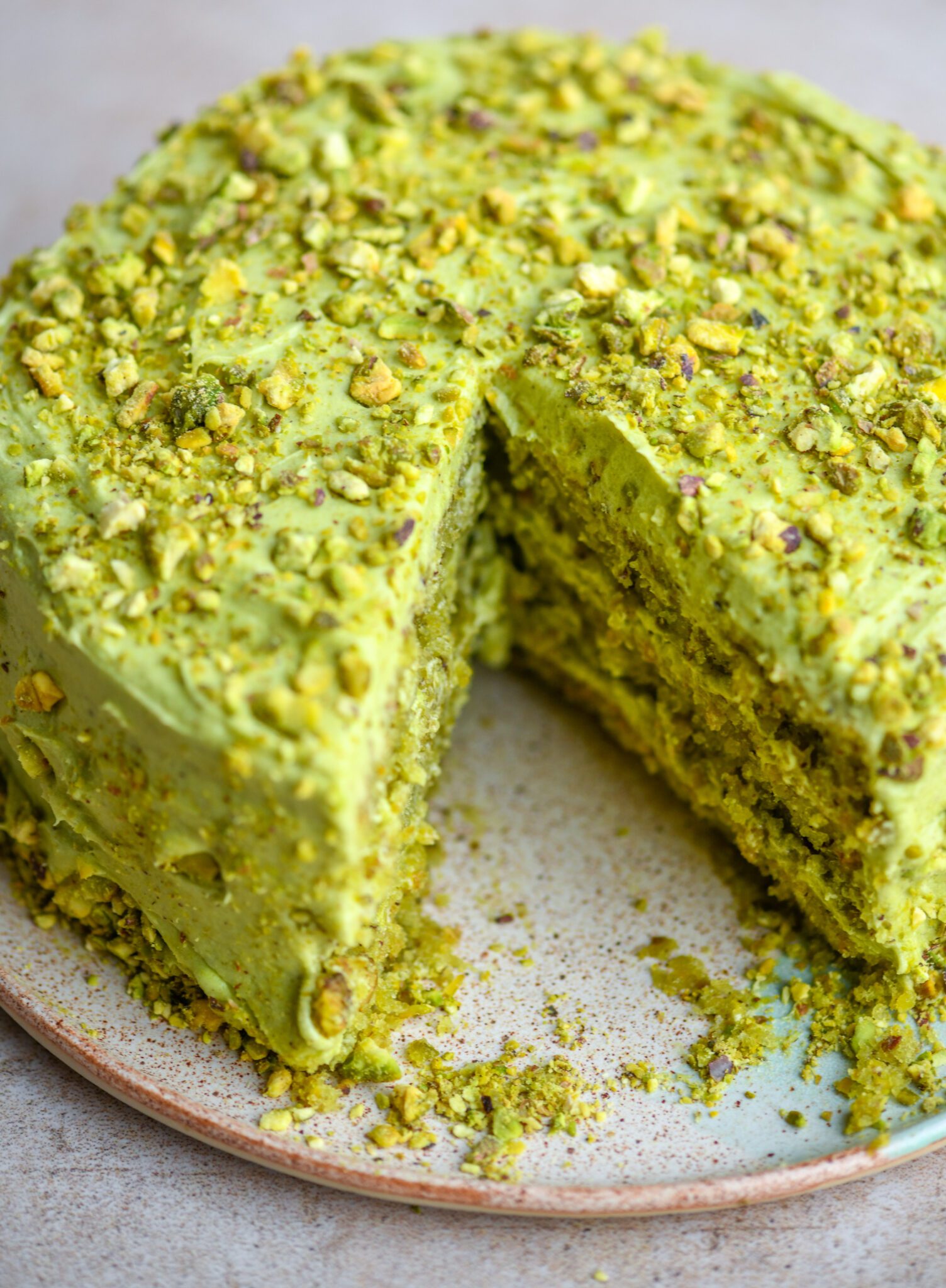 sliced vegan pistachio cake