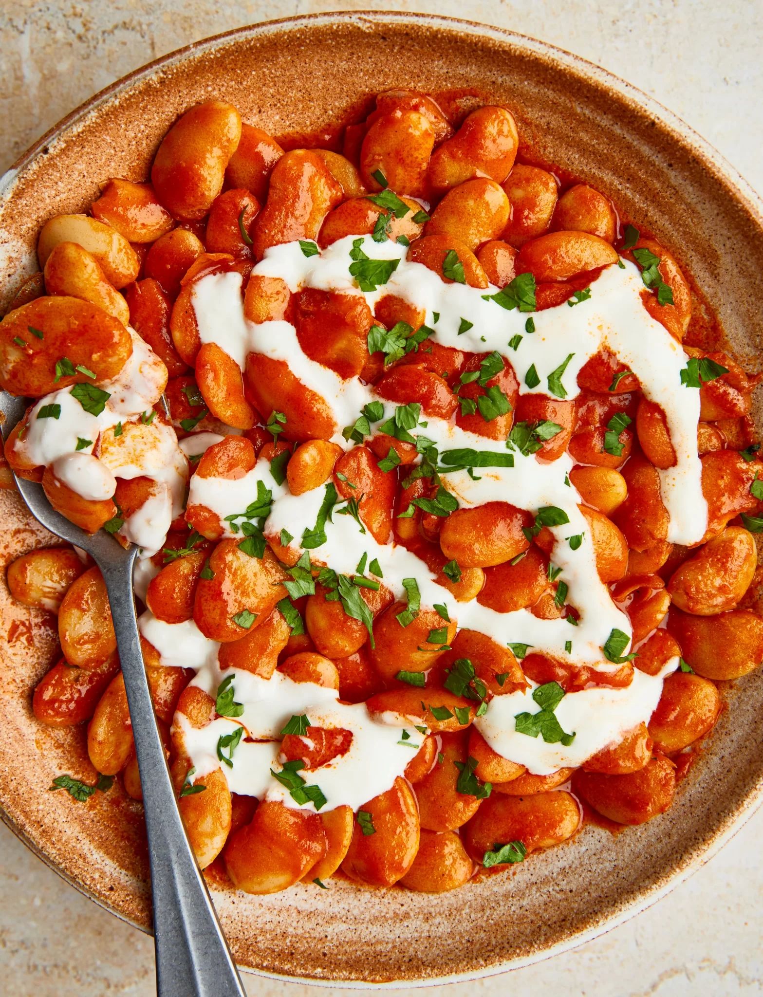 Vegan butter beans - bravas beans with garlic aioli
