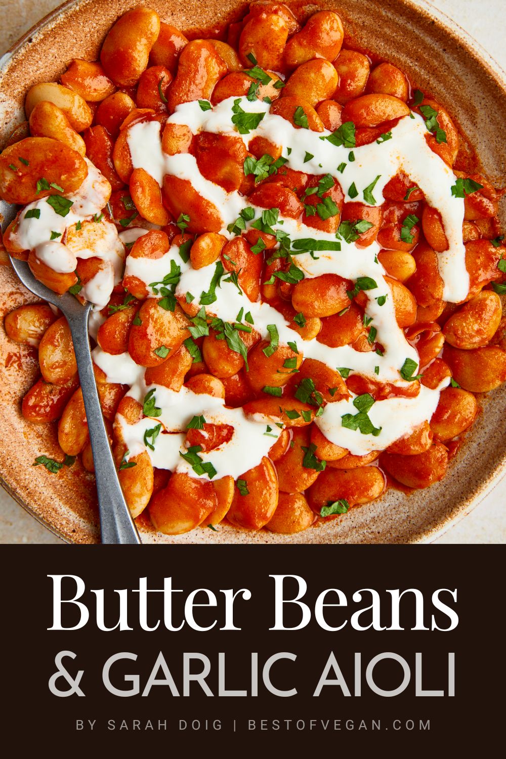 Vegan butter beans - bravas beans with garlic aioli PIN