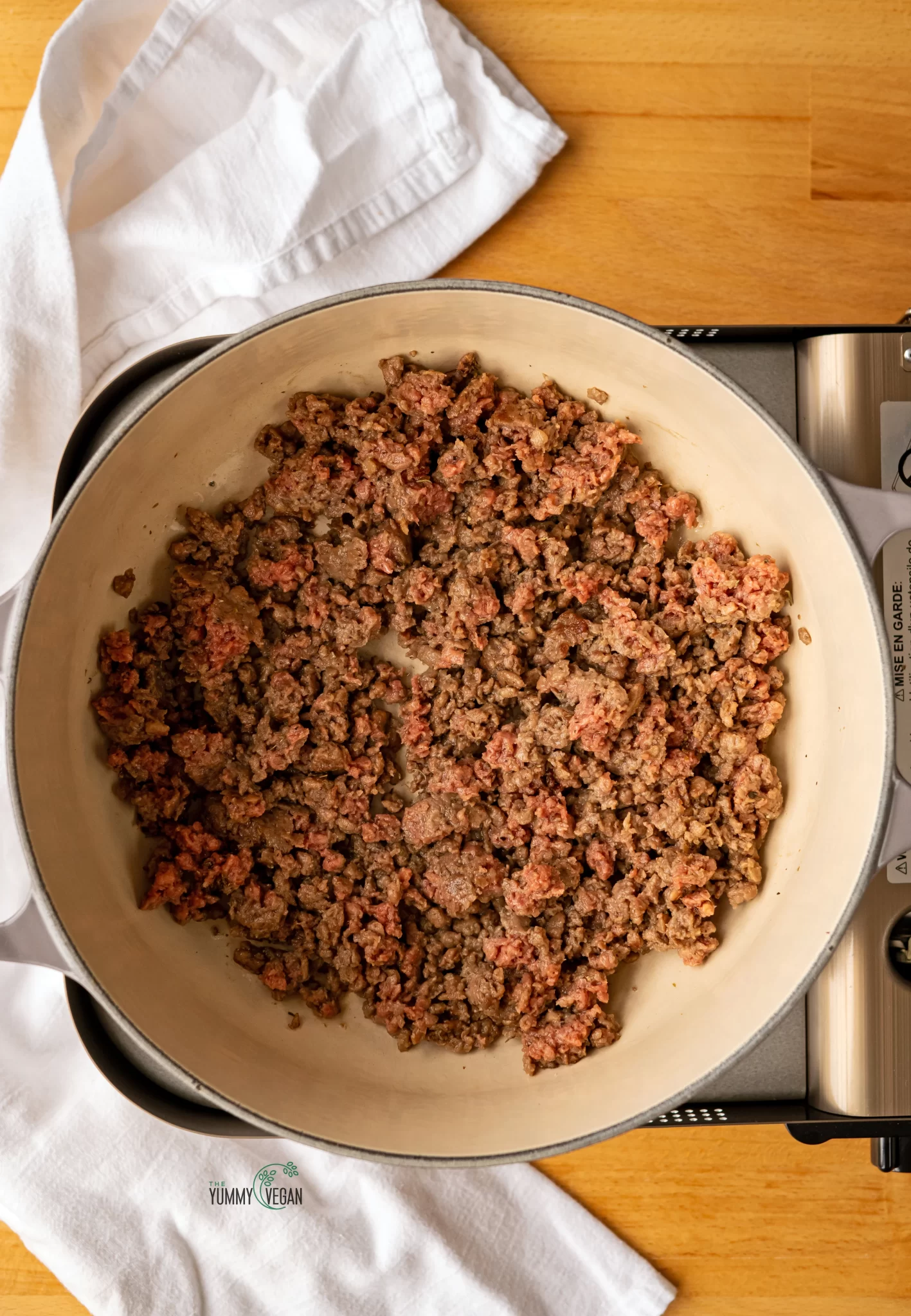 Vegan ground beed cooking in pot