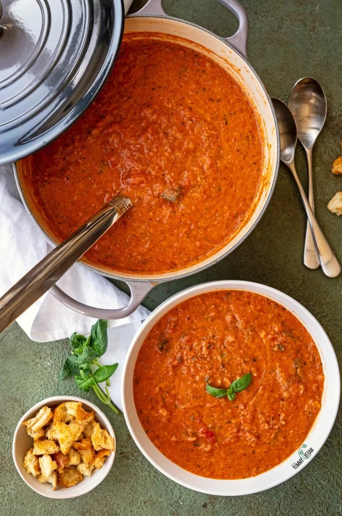 Creamy Tomato Zucchini Soup in pot and bowl